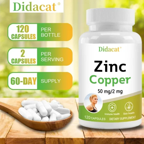 Zinc and Copper Dietary Supplement, 120 Capsules, Mineral and Antioxidant Supplement, Immunity and Mood, Supports Skin Health