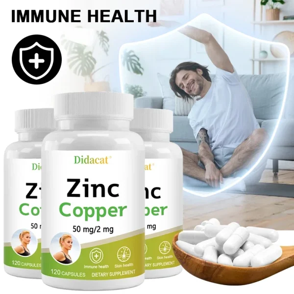 Zinc and Copper Dietary Supplement, 120 Capsules, Mineral and Antioxidant Supplement, Immunity and Mood, Supports Skin Health - Image 3