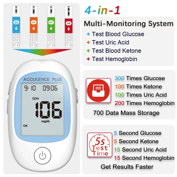 4 in 1 Multifunction Monitor Hemoglobin Blood Ketone Glucose Uric Acid Meter Test Strip HB Anemia Test Blood Sugar Diabetes Gout