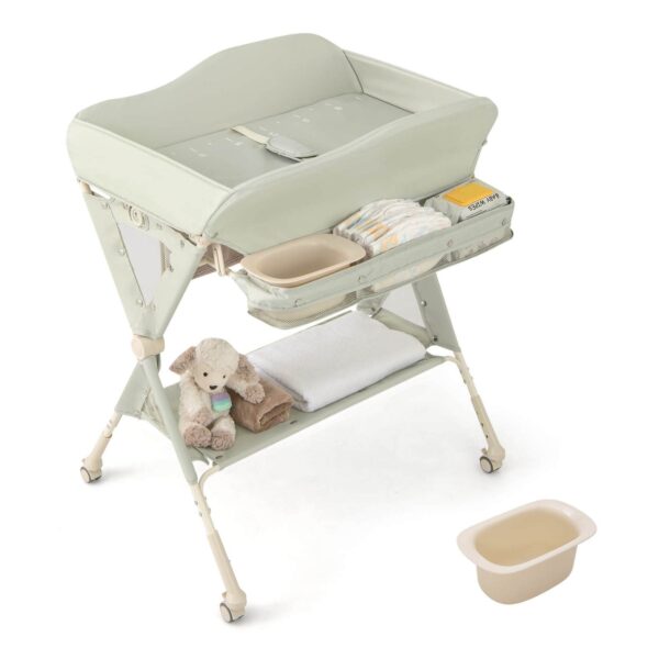 Green LIFEZEAL 3-in-1 Height Adjustable Foldable Changing Table with Water Basin Storage & 4-Wheel Mobility - Heavy-Duty Metal Frame, 5-Point Harness, Adjustable Height (0-36"), Nursery Table with Storage Shelf & Safety Lock, Space-Saving Design for
