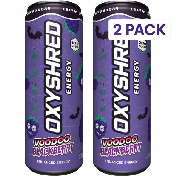 OxyShred Energy Drink Voodoo Blackberry 355mL – 2 Pack | Zero Sugar | Enhanced Energy Boost | Focus & Performance | Twin Value Cans
